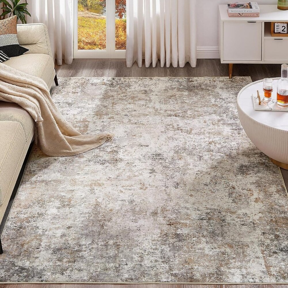 New 5x7 Brown Grey Area Rug, Washable Modern Abstract Non-Slip Carpet for Home